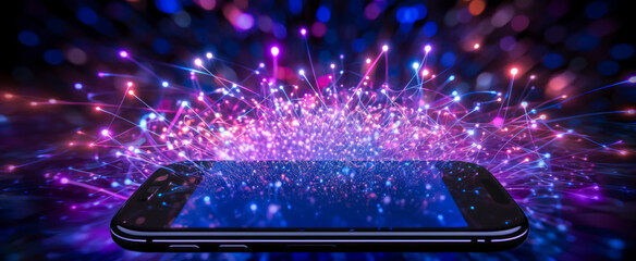 Smartphone with abstract network connection on dark background. 3D Render