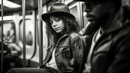Fototapeta na wymiar Young woman in leather jacket and hat seated on subway, monochrome