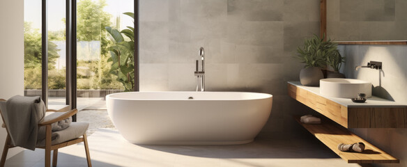 Fototapeta na wymiar Modern bathroom interior with white bathtub and wooden furniture. 3d render