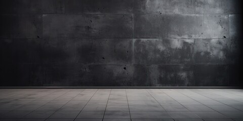 Dark Empty Room with Brick Wall Texture And Tile Floor. Copy Space for Design Elements. Vintage Architecture - obrazy, fototapety, plakaty