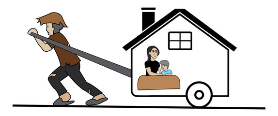 Man working hard for his family, Mother with her child, vector illustration, parent and children, father's struggle, house running