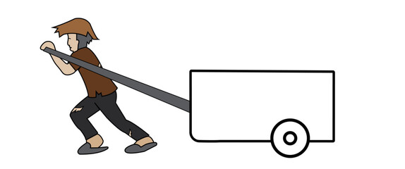 Poor man doing labor, pulling a trolley, labor hood, working hard, father's struggle 