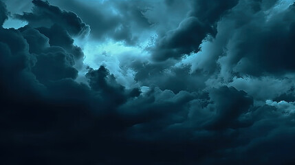 A close-up of a sky with  dark blue clouds Gloomy ominous storm rain clouds background. . Epic fantasy mystic. creepy spooky nightmare horror concept. 