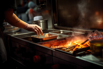 Expert hands handling delicious food in a food truck with a blurred setting.