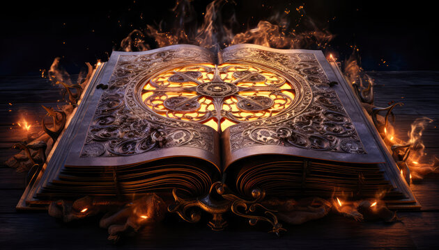 an open Magical book with a circular mandala design on the center