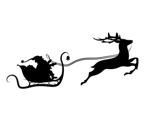 Santa Claus is flying in sleigh with Christmas reindeer. Silhouette of Santa Claus, sleigh with Christmas presents and reindeer Silhouette