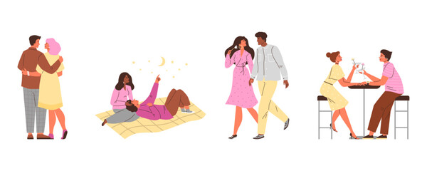 Set of happy couples on datings flat style, vector illustration