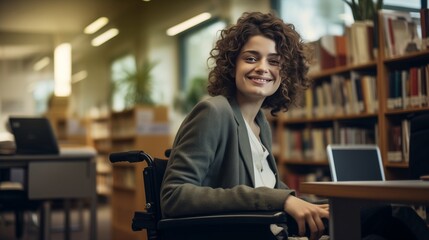 Woman in Wheelchair Enjoying Books in a Library