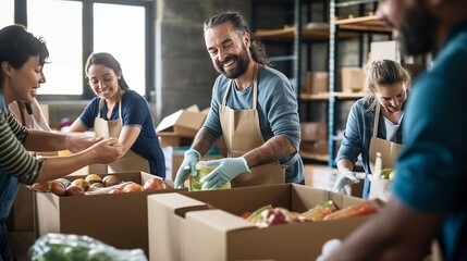 Group of People Gathering Around Boxes of Food - obrazy, fototapety, plakaty