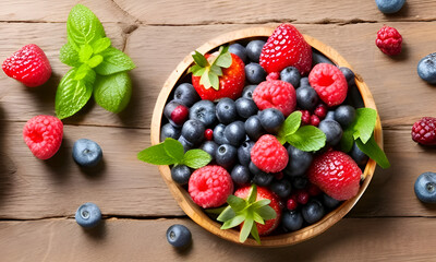 strawberries and blueberries on table on white background