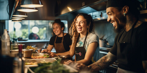 People of diverse origins happily working together in a food truck kitchen. - obrazy, fototapety, plakaty