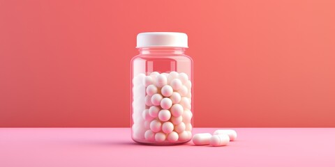Weight Loss Supplement, Plastic Container Of Vitamins. Pills In Glass Jar On Pink Backgroud. Transparent Bottle Of Capsules