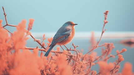 close up of summer bird at winter landscape,