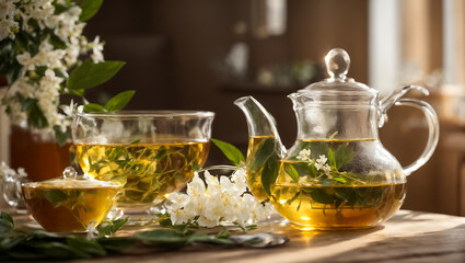 Beautiful glass teapot with tea, jasmine flower in the kitchen morning