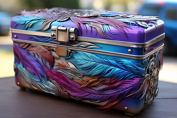 Box with padlock with colorful carnival feathers