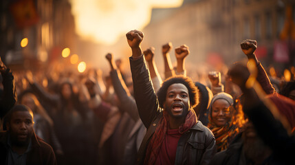 Fototapeta na wymiar Crowd of Black People Raising Fists in Protest, Rebellion, Enough
