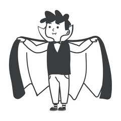Halloween element of black line set. In this Halloween-themed illustration outlined in black, a young boy dons a spooktacular Dracula costume. Vector illustration.