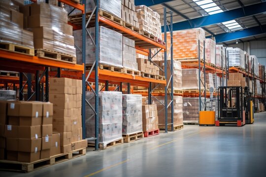 Retail warehouse full of shelves with goods. Blurred background