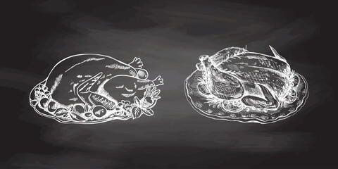 Hand-drawn sketch set of baked turkeys, chickens with rosemary, berries and lemon on chalkboard background. Vector food drawing. Traditional Christmas, Halloween food. Illustration for menu. © Mariia Mazaeva