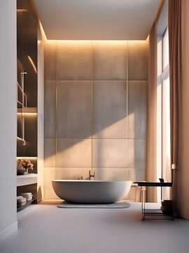 sleek grey marble bathroom with LED lighting, vanity, and freestanding tub