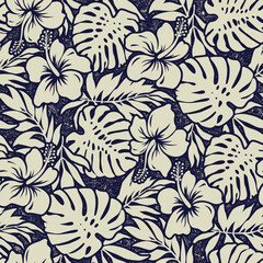 Blue hibiscus flowers with tropical leaves wallpaper vintage vector seamless pattern  - obrazy, fototapety, plakaty