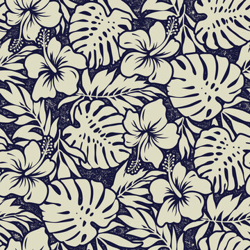 Fototapeta Blue hibiscus flowers with tropical leaves wallpaper vintage vector seamless pattern 