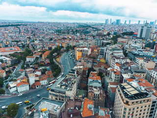Obraz premium Drone view of Istanbul near the Golden Horn Bridge, Turkey. A view of Istanbul city and city life from above.