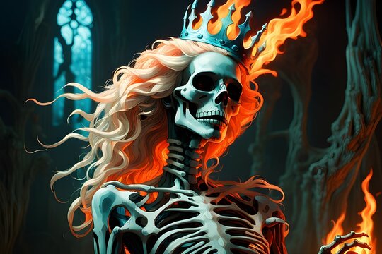 devil queen in hell with crown,  skeleton ,dark , firing orange hair