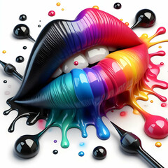 labios de colores con gotas de pintura - obrazy, fototapety, plakaty