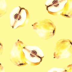 Watercolor hand painted seamless pattern of yellow ripe juicy quince whole, cut fruits with seeds inside. Illustration Repeating design for wrapping paper, wallpaper, cover. Isolated yellow background
