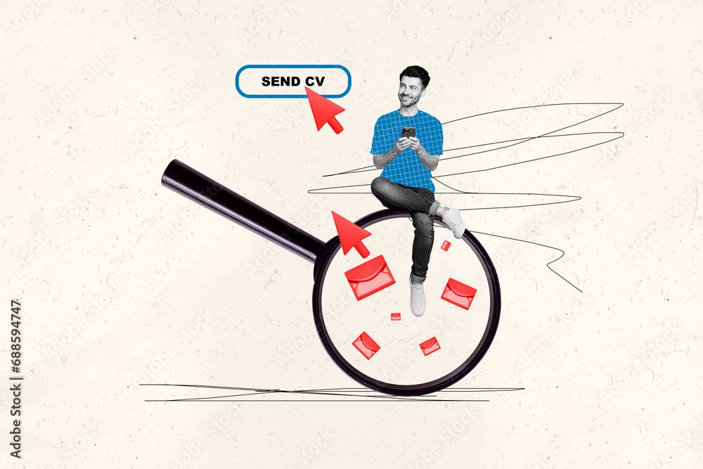 Aufkleber Abstract collage of mini black white effect guy use smart phone sit huge magnifier loupe arrow cursor click send cv letter