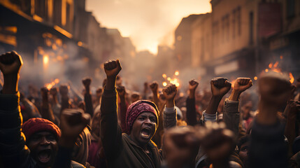 Fototapeta na wymiar Crowd of Black People Raising Fists in Protest, Rebellion, Enough