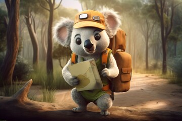 Koala adventurer with orientation map. Cute grey fluffy traveler animal with backpack in forest. Generate ai - obrazy, fototapety, plakaty