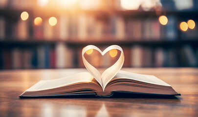 Heart shape from paper book with bokeh in soft light.
