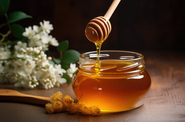 Honey in jar or bowl with honey stick on rustic table, healthy food.