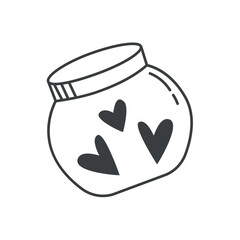 Element of Love themed set. A minimalistic glass jar with hearts inside is the centerpiece of this black outline style illustration. Vector illustration.