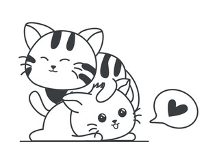 Element of Love themed set. In this masterpiece outlined in black, a lovable cats takes center stage, radiating playfulness and warmth that's sure to melt hearts. Vector illustration.