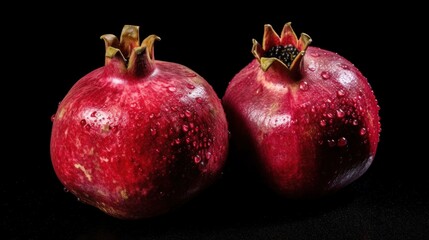 Fototapeta na wymiar Pomegranate fruit with water drops on a black background. Healthy Food Concept with Copy Space.
