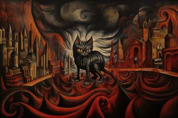 Concept de l'enfer, monstre noir ressemblant à un chat avec une queue fourchue dans les flammes dans une ville noire et sordide. Tableau médiéval type danse macabre, spécialité du sud de la France