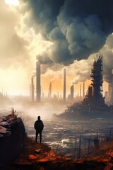 Human and air pollution, concept of future climate changes and industry development. Generative AI