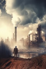 Human and air pollution, concept of future climate changes and industry development. Generative AI