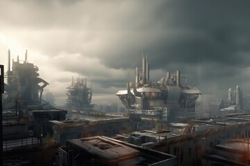 Future destroyed apocalyptic world with air pollution as a result of industry. Generative AI