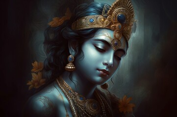 Indian Krishna god portrait. Hinduism traditional religion holy devotion lord. Generate ai - obrazy, fototapety, plakaty