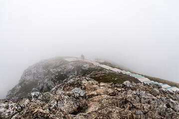 Clouds and fog over Gulf St. Lawrence from boardwalk Skyline Trail in Cape Breton Highlands National Park, Nova Scotia