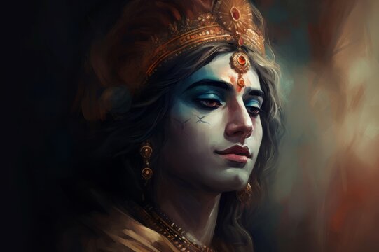 Hindu venerable Krishna god portrait. Sanctuary mythic spiritual divine deity. Generate ai