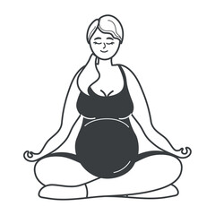 Element of pregnancy themed set. In this touching illustration with bold black outlines, a pregnant woman radiates love and anticipation as she cradles her growing belly. Vector illustration.