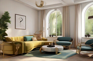 rustic home interior design modern living room.Sofa stucco wall against arched window. generative ai