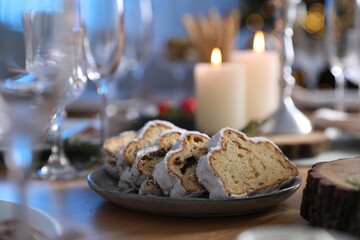 Festive bread served on table, closeup. Celebrating Christmas