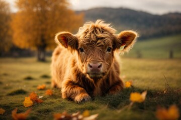 Fototapeta premium A charming and adorable baby highland cow, autumn color mood, a charming highland cow calf, close up of a calf 