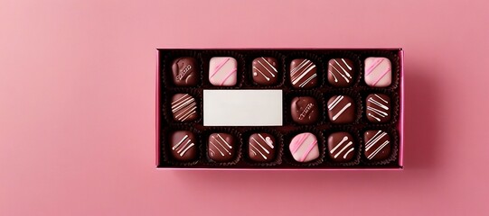 Bird's eyes view of  a box of chocolate on a cute pastel pink background, Valentine background with copy space